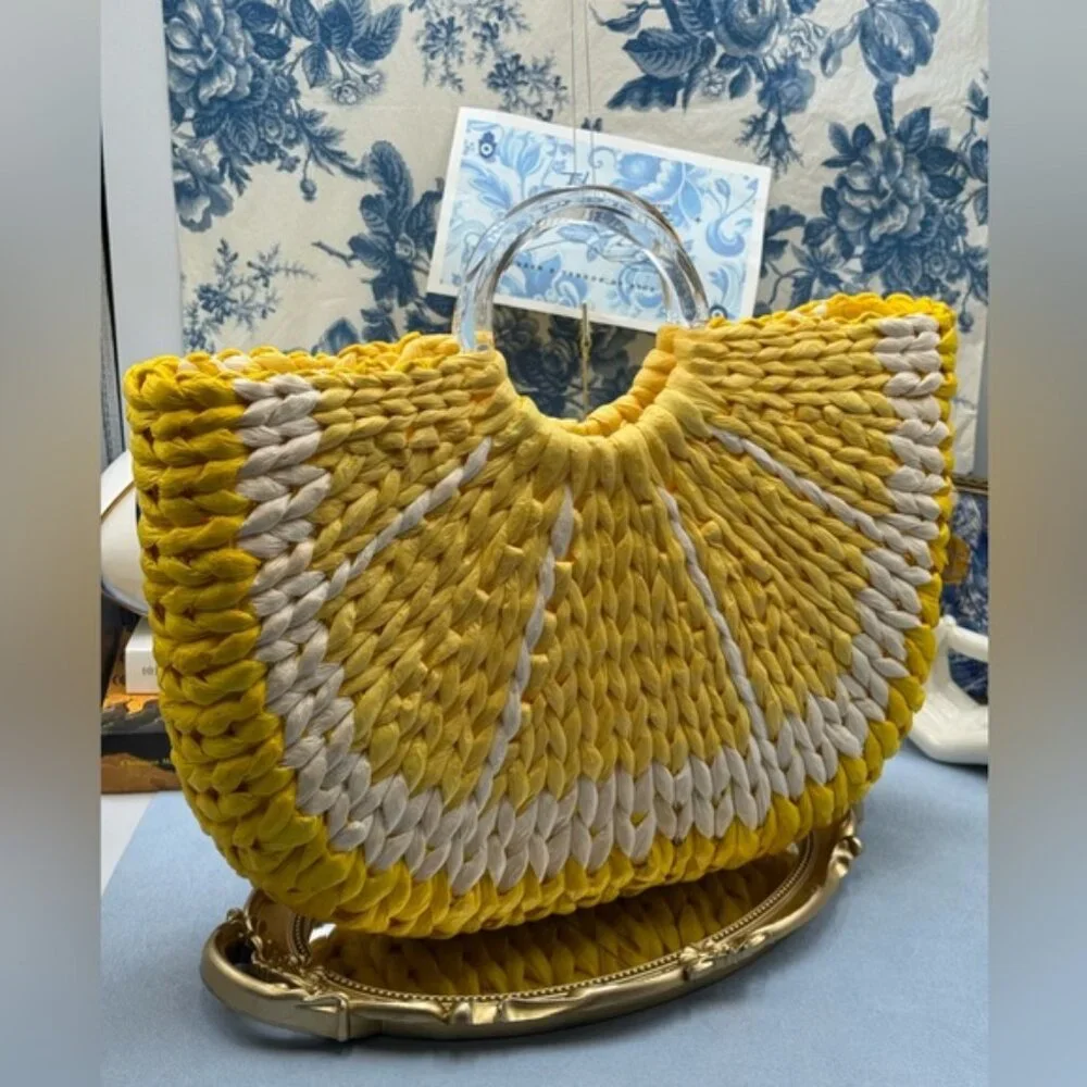🆕 KATE SPADE NEW YORK 🧿 NWOT Picnic Perfect Lemon Woven Straw Tote Bag *FLAW*